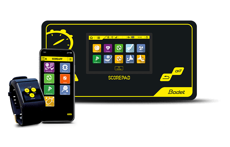Bodet Scorepad with the Scoreapp on a phone and a watch