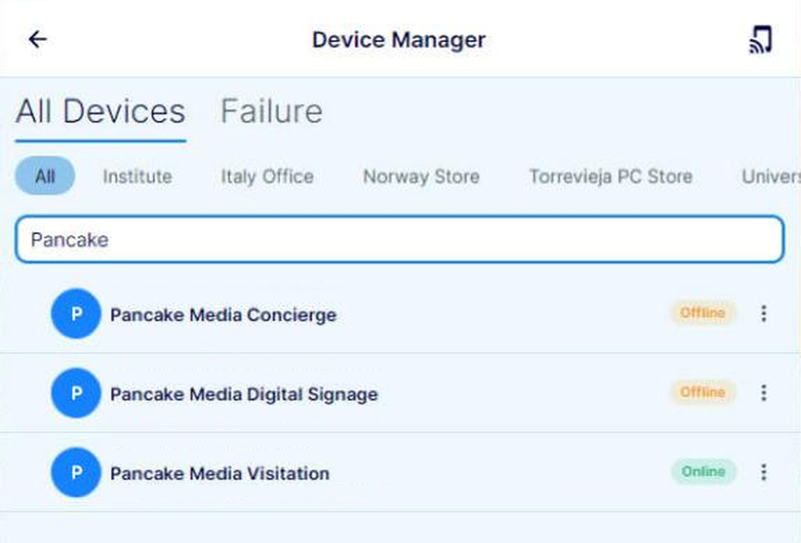 The device manager in Pancake App listing Concierge, Digital Signage and Visitation devices with their status