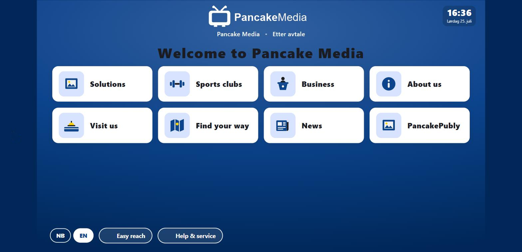 Concierge kiosk showing the Pancake Media home screen with tiles for solutions, sports clubs, business, visits and wayfinding