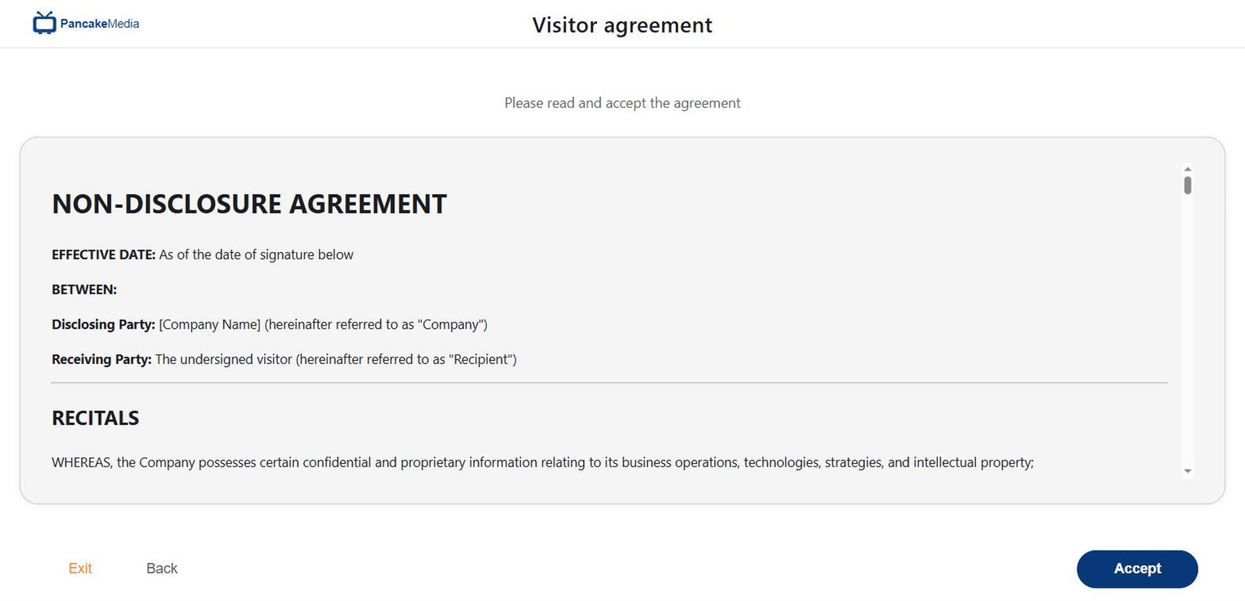 The visitor agreement (NDA) on screen before the visit starts