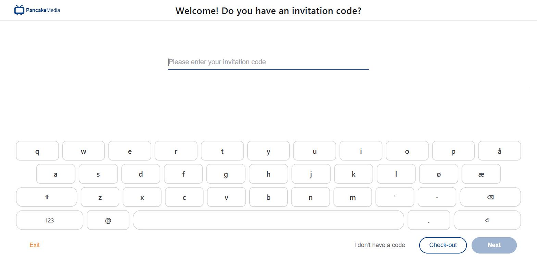 The welcome screen: invited guests type their code, everyone else taps "I don't have a code"