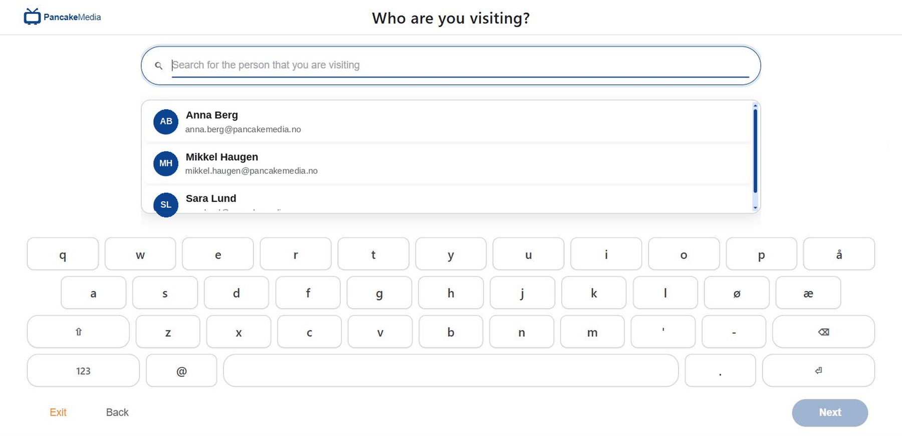 The Visitation terminal: host search with an on-screen keyboard